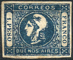 GJ.17A, 1$ Green-blue, Worn Impression, Mint Without Gum, Thin, Rare Color! Catalog Value US$250. - Buenos Aires (1858-1864)