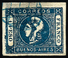 GJ.17, 1$ Blue, Dull Impression, Used With Blue Grid Cancel Of Buenos Aires, Thin In The Top Margin. - Buenos Aires (1858-1864)