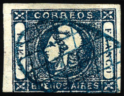 GJ.17, 1$ Dark Blue, Worn Impression, With Blue Grid Cancel Of Buenos Aires, One Margin Touching, Ink Spot On Back. - Buenos Aires (1858-1864)