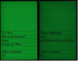 2 X Suhrkamp Bücher : T.S. Eliot : Was Ist Ein Klassiker?  -  Viktor Schklowskij : Zoo Oder Briefe Nicht über Die Liebe - Deutschsprachige Autoren