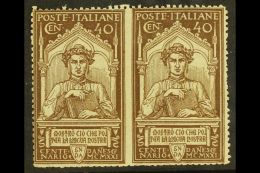 1921 40c Brown Dante Death Anniv, Variety "horizontal Pair Imperf Between", Sass 118m, Never Hinged Mint. Cat... - Non Classificati