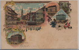 Pfäffikon, Gruss Aus - Dorfstrasse, Gerichtshaus, Schulhaus, Hotel Bahnhof - Litho - Dorf