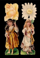 CHROMO Découpi Enfance (Lot De 2) Fillettes Tenant Une Fleur Disproportionnée (Marguerite & Rose Jaune) - Kinderen