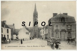Questembert 28 Place Du Marchix Et L Eglise  Animée  Attelage  Dos Divisé ,vert Daté De 1918 - Questembert