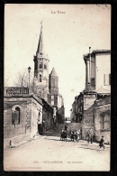 CPA ANCIENNE- PUYLAURENS (81)- LE CLOCHER ET RUE DE L'EGLISE- BELLE ANIMATION GROS PLAN - Puylaurens