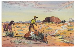 Old West Cattle Rustler, Branding Cattle, 'Surprised' C1940s Vintage Linen Postcard - Autres & Non Classés