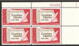 Plate Block -1963 USA Carolina Charter Stamp Sc#1230 Book Guill Pen Calligraphy - Plate Blocks & Sheetlets