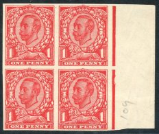 1912 1d Scarlet, Die 2 Paper Trial Imperforate, No Wmk Right Hand Marginal Block Of Four, Fine Unused. Cat. £560++ - Autres & Non Classés