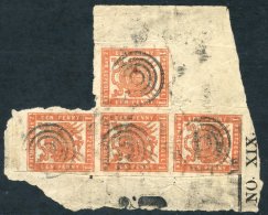 1875-77 Stamp Commission Imperf 1d Orange Red Vertical Strip Of Three, Plus A Fourth Stamp Attached Centre Left, VFU On - Autres & Non Classés