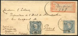 1903 Reg Envelope To France, Franked 50r Blue & 65r Deep Blue (Yv.132, 134), Tied Benfica Lisboa D/stamp With Reg La - Autres & Non Classés