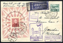 1934 Flown Card Franked 20f Hungarian Philatelic Exhibition Budapest 20f M/Sheet, Flown Budapest - Debrecen Experimental - Autres & Non Classés