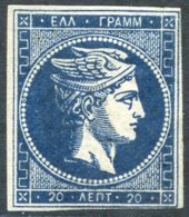 1872-75 Large Hermes Head 20lepta Deep Indigo Blue, Thin Transparent Paper Showing Mesh, M With O.g, Fine With Wide To C - Autres & Non Classés