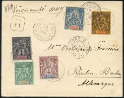 GUADELOUPE 1899 Reg Envelope To Germany Bearing 1c Black/azure (Yv 27), 4c Lilac/brown (Yv 29), 5c Green (Yv 30), 15c Bl - Autres & Non Classés