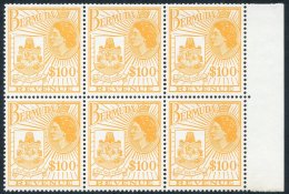 1970 Revenue $100 Orange, UM Right Side Marginal Block Of Six, Barefoot 34. - Autres & Non Classés