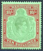 1938 10s Yellowish Green & Deep Carmine-red/green Showing 'broken Lower Right Scroll' HPF 60B, Fine M. SG.119be. Cat - Autres & Non Classés