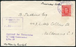 1942 POW 2½d Cover, Boxed PASSED BY CENSOR V122, Also Reverse OPENED BY CENSOR Label From CAMP 2 VICTORIA, Obvers - Autres & Non Classés