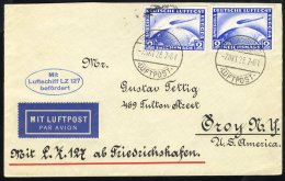 1928 Europe - North America Flight Cover Flown From Friedrichshafen To New York, Franked Pair Of 2rm Zeppelins (SG.444), - Autres & Non Classés