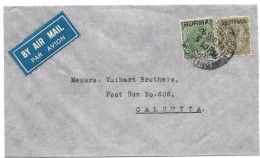 BURMA BIRMANIE, 2 King Overprinted Stamps BURMA 1938, Air Mail Cover To CALCUTTA INDIA - Burma (...-1947)