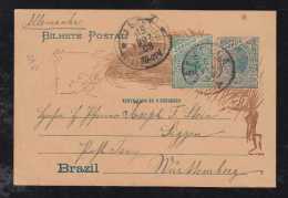 Brazil Brasil 1908 Uprated Stationery Card ESTRELLA (star) To ISNY Germany - Briefe U. Dokumente