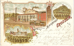 Gruss Vom Bahnhof CROSSEN An Der Elster Zug Dampflok Color Litho 2.7.1898 Bahnpost LEIPZIG - SAALFELD ZUG 336 - Schkölen