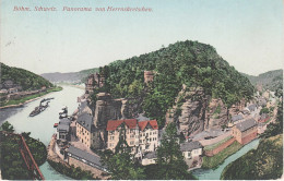 Panorama AK Böhmische Schweiz Hrensko Herrnskretschen Gasthof Herrnhaus Herrenhaus Hotel Hetschel Bahnhof Schöna Dampfer - Sudeten