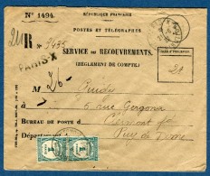 France, Enveloppe Du Service Des Recouvrements Avec Taxe En Paire En 1932  Voir 2 Scans  Réf. 1082 - 1859-1959 Lettres & Documents