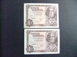 ESPAÑA 2 BILLETES De 1 PESETA DAMA De ELCHE M03260559 + M03260560 MADRID 19/6/1948  Como Nuevo - 5 Peseten