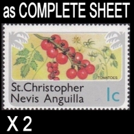 CV:€12.80 BULK:2 X ST.CHRISTOPHER NEVIS And ANGUILLA 1978 Vegetables Tomatoes 1c COMPLETE SHEET:50 Stamps - St.Christopher-Nevis-Anguilla (...-1980)