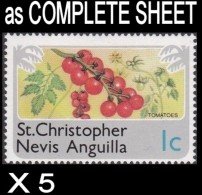 CV:€32.00 BULK:5 X ST.CHRISTOPHER NEVIS And ANGUILLA 1978 Vegetables Tomatoes 1c COMPLETE SHEET:50 Stamps - St.Christopher-Nevis-Anguilla (...-1980)