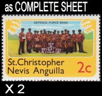 CV:€12.80 BULK 2 X ST.CHRISTOPHER NEVIS & ANGUILLA 1978 Music Defence Force Army 2c COMPLETE SHEET:50 Stamps - St.Christopher-Nevis-Anguilla (...-1980)