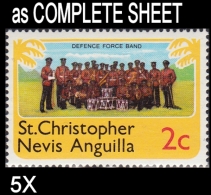 CV:€32.00 BULK 5 X ST.CHRISTOPHER NEVIS & ANGUILLA 1978 Music Defence Force Army 2c COMPLETE SHEET:50 Stamps - St.Christopher-Nevis-Anguilla (...-1980)