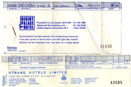 FACTURES  HOTELS *Régent Palace Hotel  *Strand Hotels Limited  LONDON LONDRES 1975  (lot De 2) - Sports & Tourisme