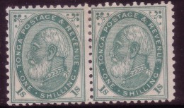 #465 - 1886-9 Early Tonga 2nd Printing SG 4 Ba Perf 12x11 1/2  - 1/- Deep Green Pair Mint Cat Val £110.00 Both Type 1 - Tonga (1970-...)