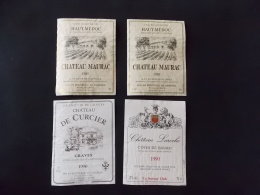 Lot De 4 Etiquettes Chateau Maurac 1989 De Curcier Grave 1990 Chateau Laroche Cotes De Bourg 1990 - Collections & Sets