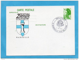 Carte Postale Entier Liberté 1,90 Vert  -repiquage-oblit +illustration "2ème Festival D'échecs -MARSEILLE 1987 - Overprinter Postcards (before 1995)