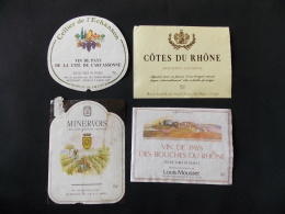 Lot 4 Etiquettes De Vin Cellier De L Echanson Carcassonne Minervois Cotes Du Rhone Vin De Pays Louis Mousset - Collections & Sets