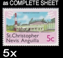 CV:€32.00 BULK: 5 X  ST.CHRISTOPHER NEVIS & ANGUILLA 1978 Radio TV Music 5c COMPLETE SHEET:50 Stamps FULL PANE - St.Christopher-Nevis-Anguilla (...-1980)