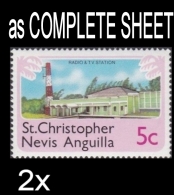 CV:€12.80 BULK: 2 X  ST.CHRISTOPHER NEVIS & ANGUILLA 1978 Radio TV Music 5c COMPLETE SHEET:50 Stamps FULL PANE - St.Christopher-Nevis-Anguilla (...-1980)