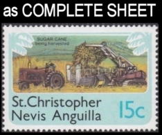CV:€9.60 ST.CHRISTOPHER NEVIS & ANGUILLA 1978 Agriculture Tractors Sugar 15c COMPLETE SHEET:50 Stamps FULL PANE - St.Christopher-Nevis-Anguilla (...-1980)