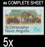 CV:€49.00 BULK:5x ST.CHRISTOPHER NEVIS & ANGUILLA 1978 Agriculture Tractors Sugar 15c COMPLETE SHEET:50 Stamps FULL PANE - St.Christopher-Nevis-Anguilla (...-1980)