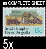 CV:€49.00 BULK:5x ST.CHRISTOPHER NEVIS & ANGUILLA 1978 Agriculture Tractors Sugar 15c COMPLETE SHEET:50 Stamps FULL PANE - Sonstige (Land)