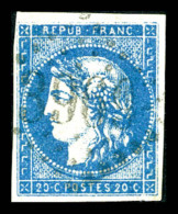 O N°44B, 20c Bleu Type I Report 2 Obl GC, Pelurage, Belle Présentation    Qualité : O    Cote :... - 1870 Ausgabe Bordeaux