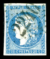 O N°44B, 20c Bleu Type I Report 2 Obl GC 2240, TB (signé Brun/certificat)    Qualité : O    Cote... - 1870 Emission De Bordeaux