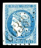O N°44B, 20c Bleu Type I Report 2 Obl GC 6038, Quatre Belles Marges, SUP (signé Margues/certificat)   ... - 1870 Ausgabe Bordeaux