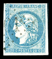 O N°44Ac, 20c Bleu Clair Type I Report 1 Obl GC, TB (signé Brun/certificat)    Qualité : O   ... - 1870 Ausgabe Bordeaux