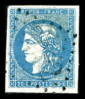 O N°44A, 20c Bleu Type I Report 1 Obl GC, Infime Pelurage, TB    Qualité : O    Cote : 725 Euros - 1870 Emission De Bordeaux