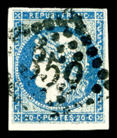 O N°44A, 20c Bleu Type I Rep 1, Obl GC, TB (certificat)    Qualité : O    Cote : 725 Euros - 1870 Ausgabe Bordeaux