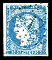 O N°44A, 20c Bleu Type I Report 1 Obl Légère, TTB (signé Brun/certificat)   ... - 1870 Emission De Bordeaux