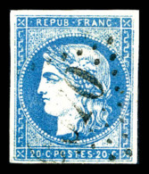 O N°44A, 20c Bleu Type I Report 1 Obl GC, TB (signé Brun/certificat)    Qualité : O    Cote : 725... - 1870 Ausgabe Bordeaux