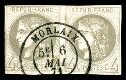 O N°41B, 4c Gris Report 2 En Paire Horizontale Obl Càd Morlaix Du 6 Mai 71, Trou D'épingle Sur... - 1870 Emission De Bordeaux